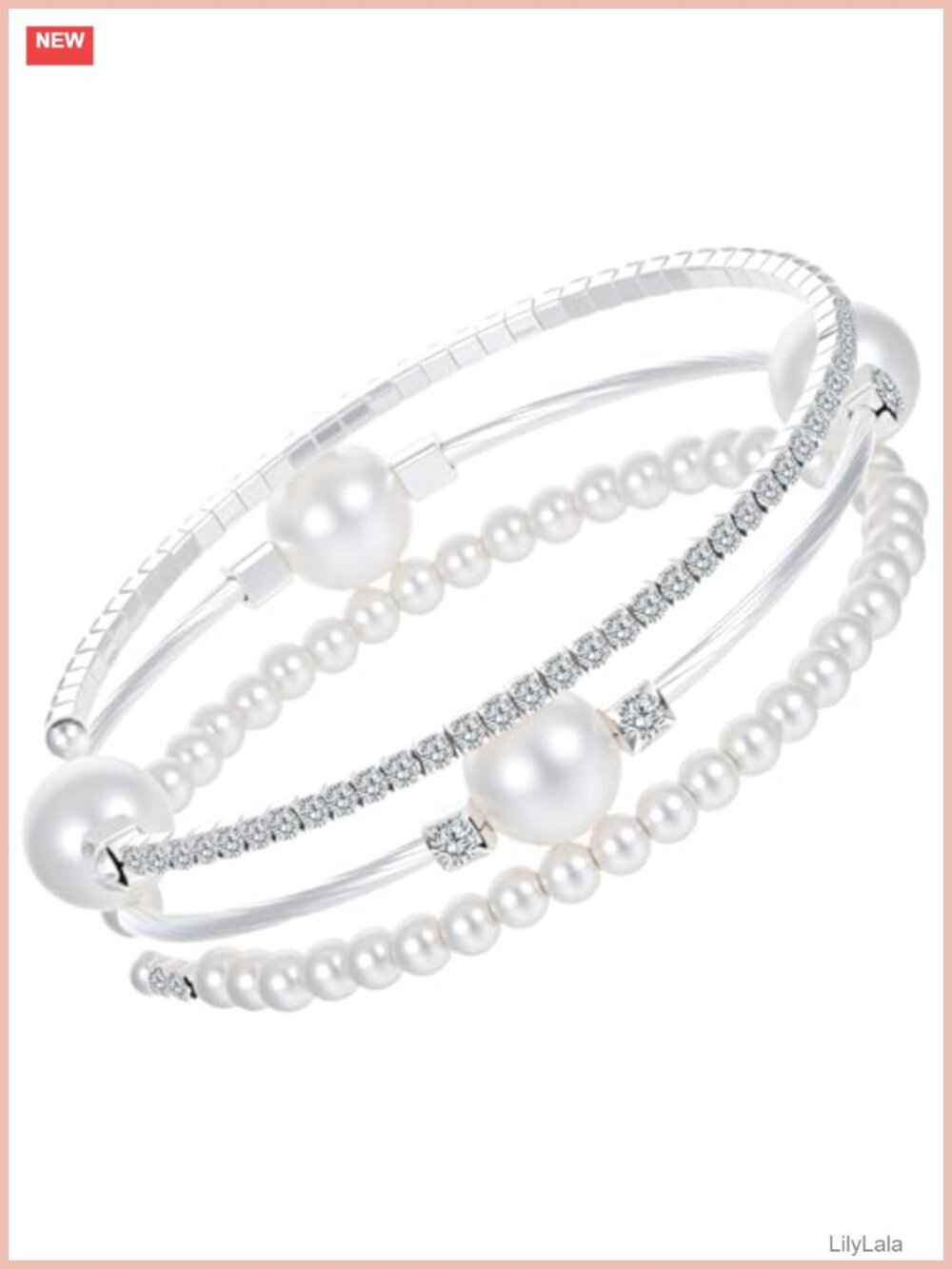 Silver Stretch Pearl Bracelet Stackable Rhinestone Layered Set